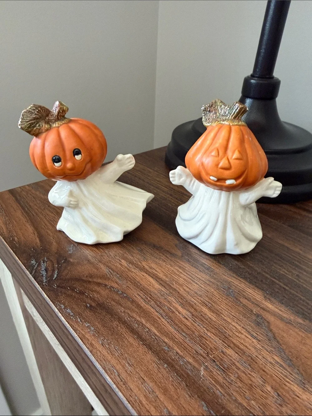 Vintage Halloween Pumpkin Ghost Figurines Set of 2 Ceramic Jack O Lantern